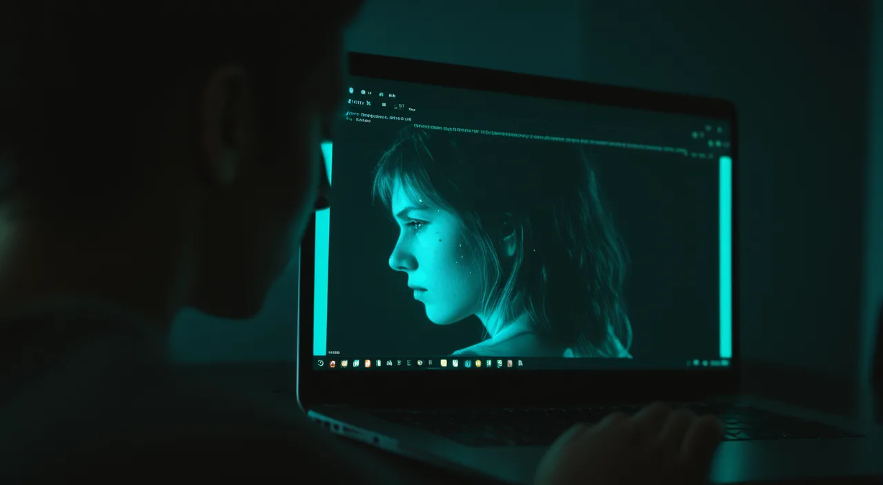A person at a laptop in a dark room, screen glowing teal — checking a suspicious message